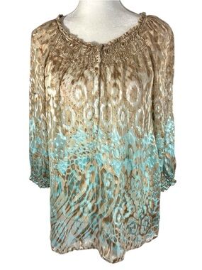 Chico's Teal/Tan Peasant Lightweight Blouse - Size 2 / Large